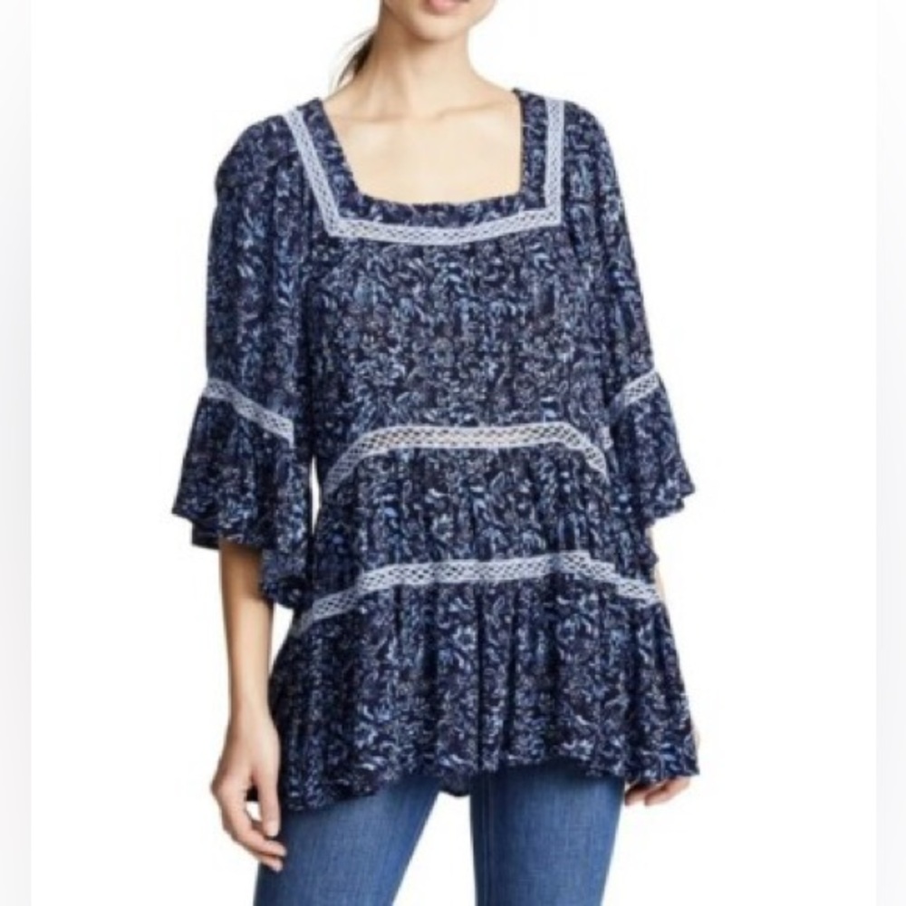 Free People Tunic Top Blue Talk About It Tiered Ruffle Dress Mini Floral Boho XS